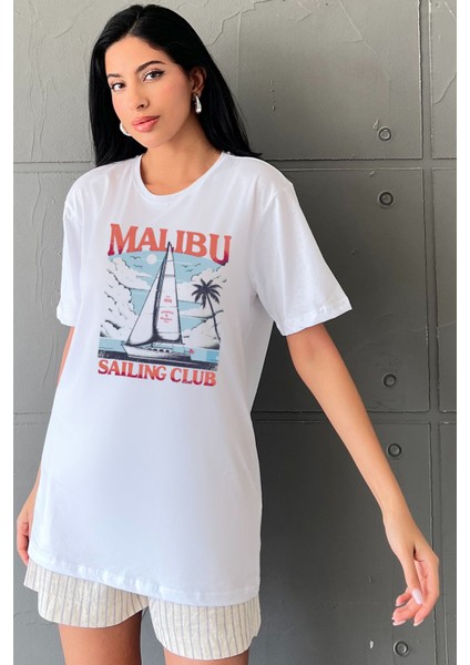 Malibu Baskılı Yapay Zeka Tasarımı Ekolojik Penye Oversize %100 Pamuk Kadın T-Shirt