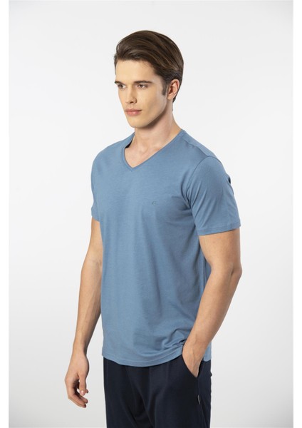 2193 Erkek Kısa Kollu V Yaka Şortlu Pijama Takımı-Indigo fırsatları