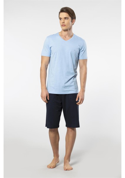 2193 Erkek Kısa Kollu V Yaka Şortlu Pijama Takımı-Mavi modelleri