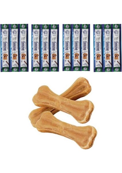 3 Lü Naturel 7 cm Pres Kemik+ 4 Paket Kuzulu Stick Köpek Ödülü