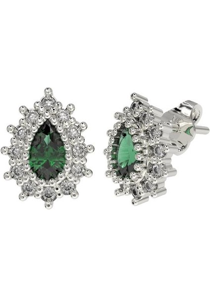 Zümrüt Taşlı Rodyum Damla Anturaj Minimal Çivili Gümüş Küpe