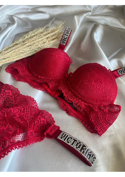 Dantelli Lastiği Taşlı Balenli Destekli Dolgulu Push Up Kırmızı Sütyen ve String Iç Çamaşırı Takımı fiyatları