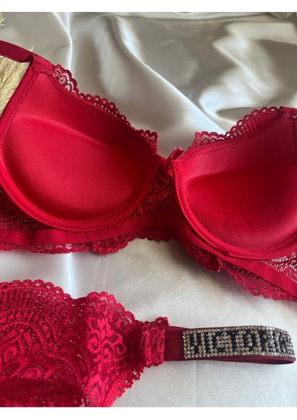 Dantelli Lastiği Taşlı Balenli Destekli Dolgulu Push Up Kırmızı Sütyen ve String Iç Çamaşırı Takımı modelleri