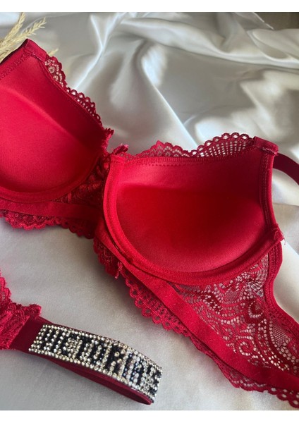 Dantelli Lastiği Taşlı Balenli Destekli Dolgulu Push Up Kırmızı Sütyen ve String Iç Çamaşırı Takımı fırsatları