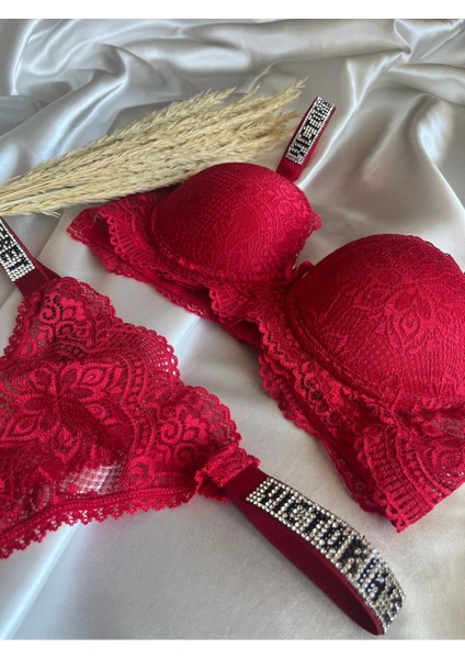 Dantelli Lastiği Taşlı Balenli Destekli Dolgulu Push Up Kırmızı Sütyen ve String Iç Çamaşırı Takımı indirimleri