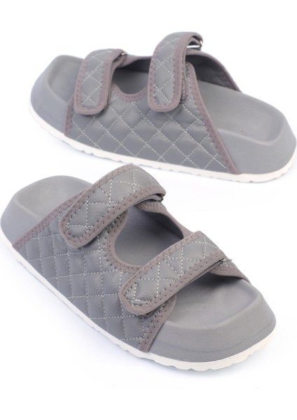 Uldvinya Kadın Terlik Çift Kapitone Desenli Gri Deri
