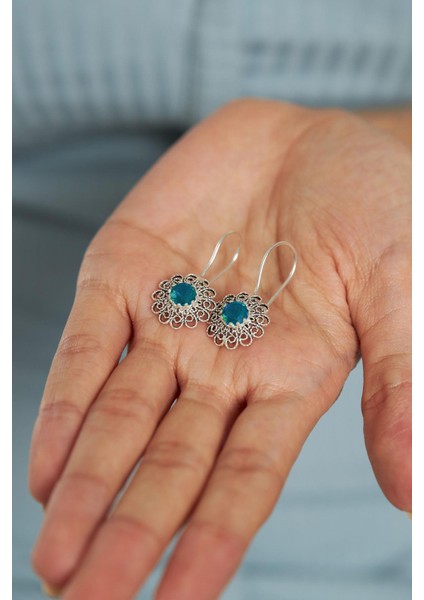 Mart Akuamarin Doğum Taşı Çiçek Motifli Telkari Gümüş Küpe modelleri