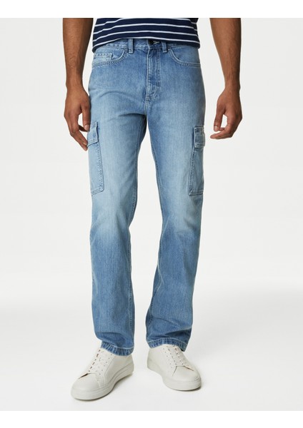 Saf Pamuklu Straight Fit Kargo Jean Pantolon