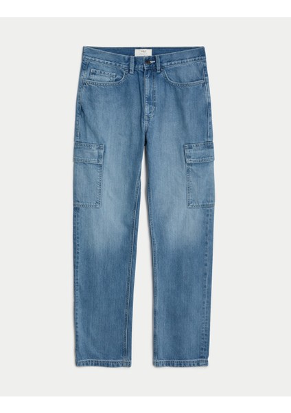 Saf Pamuklu Straight Fit Kargo Jean Pantolon