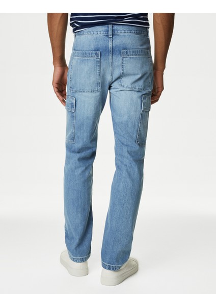 Saf Pamuklu Straight Fit Kargo Jean Pantolon