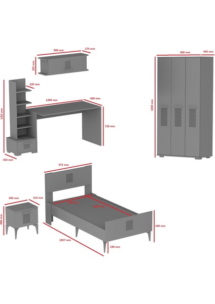 Demonte Dekor Asimo Çocuk Genç Odası Takımı (P-T-L-C-G) Antrasit-Beyaz