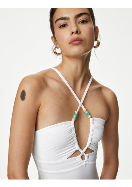 Boncuk Detaylı Cut Out Bandeau Mayo