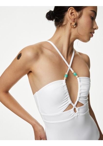 Boncuk Detaylı Cut Out Bandeau Mayo