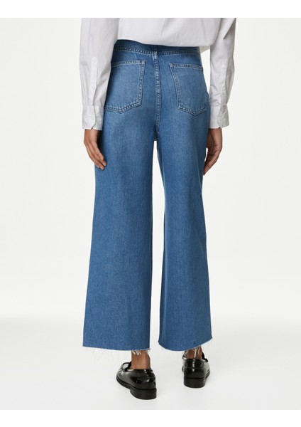 Yüksek Bel Wide Leg Crop Jean Pantolon