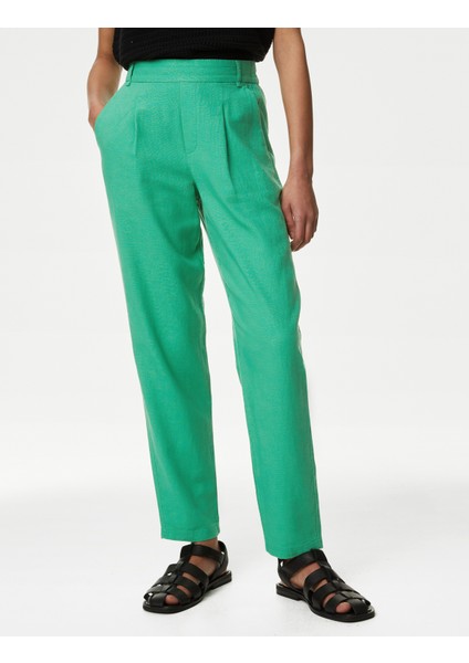 Tapered Fit Yüksek Bel Keten Pantolon fiyatları