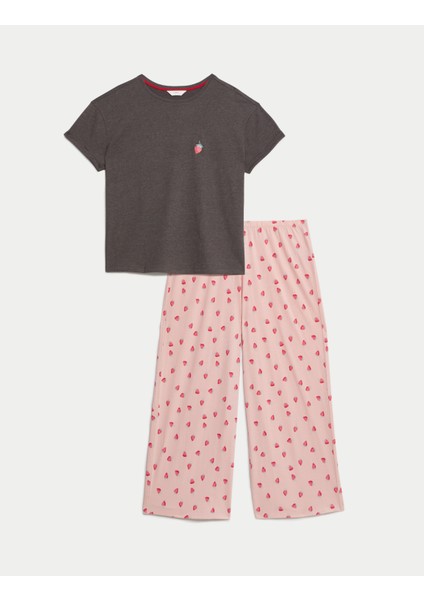 Kısa Kollu Desenli Crop Pijama Takımı