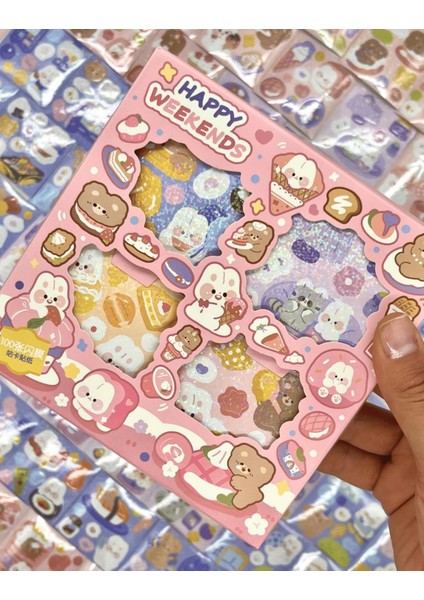 Happy Weekends Tavşan 4 Bölümlü 100 Yaprak Pembe Mini Kutu Sticker Seti bullet Journal
