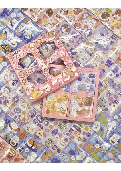 Happy Weekends Tavşan 4 Bölümlü 100 Yaprak Pembe Mini Kutu Sticker Seti bullet Journal modelleri