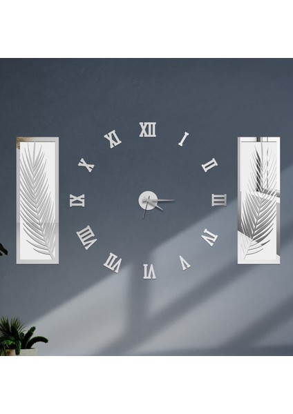 3 Parçalı Duvar Saati Seti, Akrilik Pleksi Aynalı Palmiye Yapraklar ve Roma R. Saat