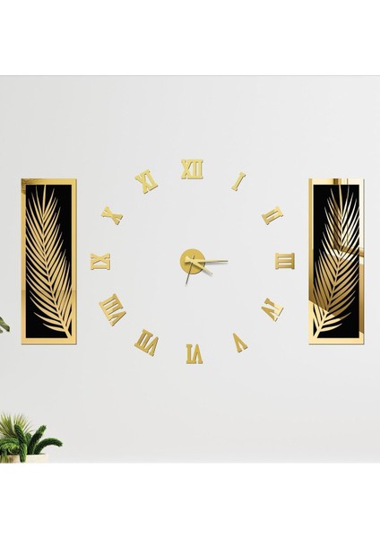 3 Parçalı Duvar Saati Seti, Akrilik Pleksi Aynalı Palmiye Yapraklar Ve Roma