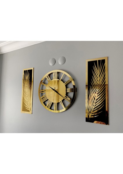 Aynalı Pleksiden 3 Parçalı Palmiye ve Vip Saat Duvar Dekor Seti