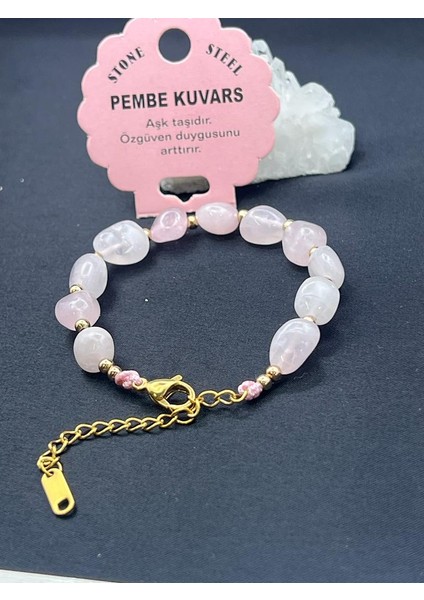 Sertifikalı Pembe Kuvars Taşı Tımbıl Kesim Natural Doğaltaş Ayarlanabilir Bileklik modelleri