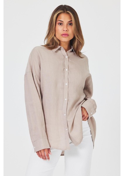 Kadın Alina Naturel Oversize Keten Gömlek