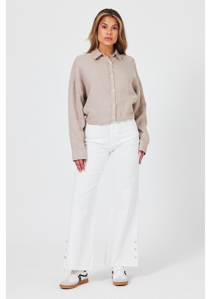 Kadın Alina Naturel Oversize Keten Gömlek modelleri