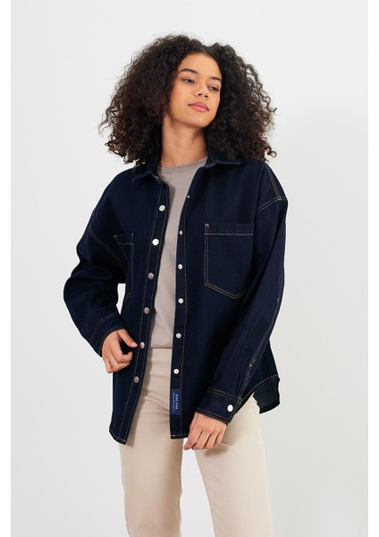 Kadın Sementa Dark Blue Boyfriend Kesim Jean Gömlek Ceket fiyatları