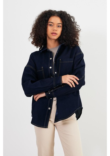 Kadın Sementa Dark Blue Boyfriend Kesim Jean Gömlek Ceket modelleri