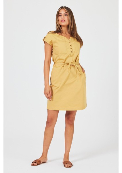 Kadın Riva Bal Köpüğü Önü Düğmeli Regular Fit Gabardin Elbise