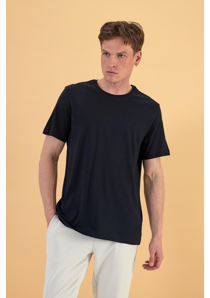 Erkek Danny Siyah Sıfır Yaka Pamuklu Basıc T-Shirt