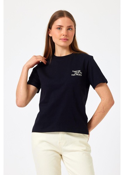 Kadın Night Siyah Bisiklet Yaka Yazı Baskılı T-Shirt