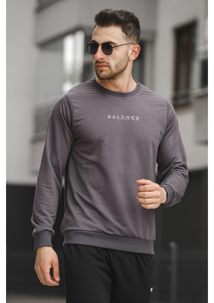 Balance Baskılı Slim Fit Likralı Sıfır Yaka Erkek Sweatshirt