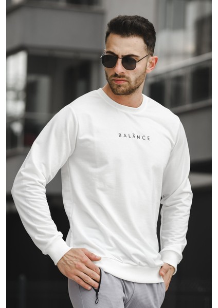 Balance Baskılı Slim Fit Likralı Sıfır Yaka Erkek Sweatshirt