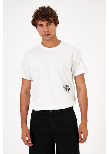 Erkek Reason Fildişi Bisiklet Yaka Baskılı Regular Fit T-Shirt