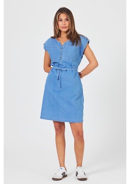 Kadın Riva Sky Blue Önü Düğmeli Regular Fit Jean Elbise