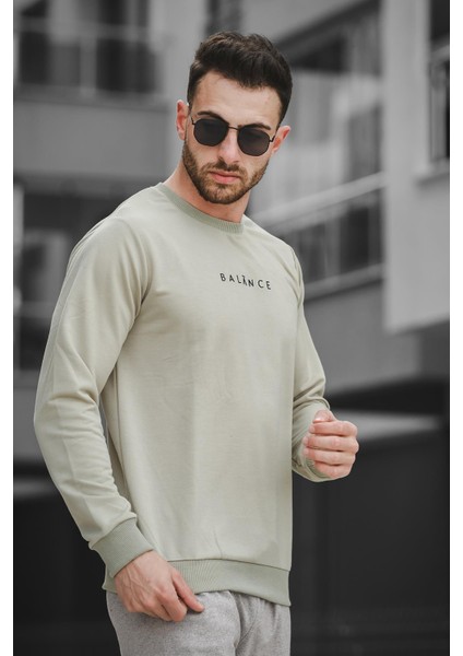 Balance Baskılı Slim Fit Likralı Sıfır Yaka Erkek Sweatshirt