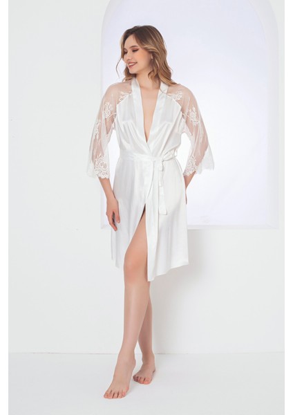 Ekru Gardenia Lacy Saten Tek Sabahlık
