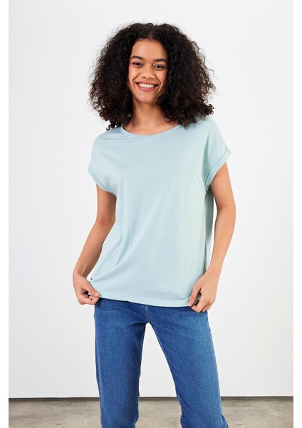 Kadın Cindy Gök Mavisi Bisiklet Yaka Regular Fit Basic Modal T-Shirt (Lyocell) fiyatları