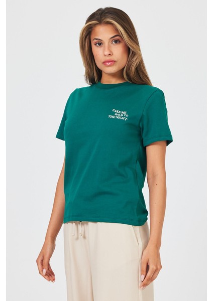 Kadın Night Yeşil Bisiklet Yaka Yazı Baskılı T-Shirt