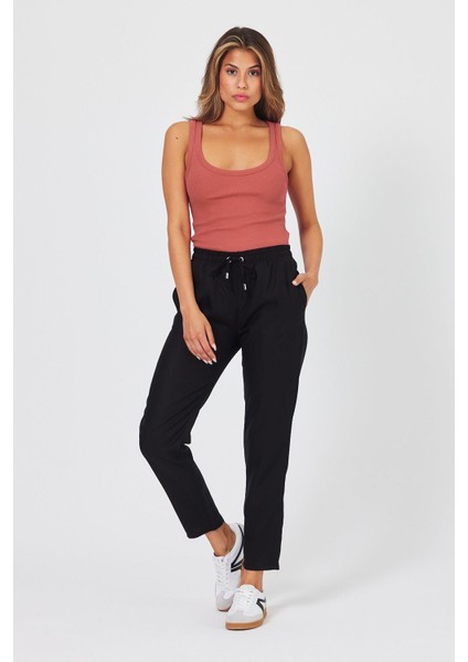 Kadın Alian Siyah Beli Lastikli Beach Pantolon (Lyocell)