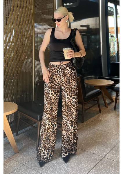 Bej Ayarlanabilir Bel Leopar Desenli Bol Paça Pantolon MG2095