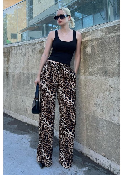 Bej Ayarlanabilir Bel Leopar Desenli Bol Paça Pantolon MG2095