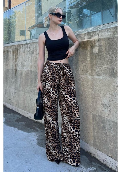 Bej Ayarlanabilir Bel Leopar Desenli Bol Paça Pantolon MG2095
