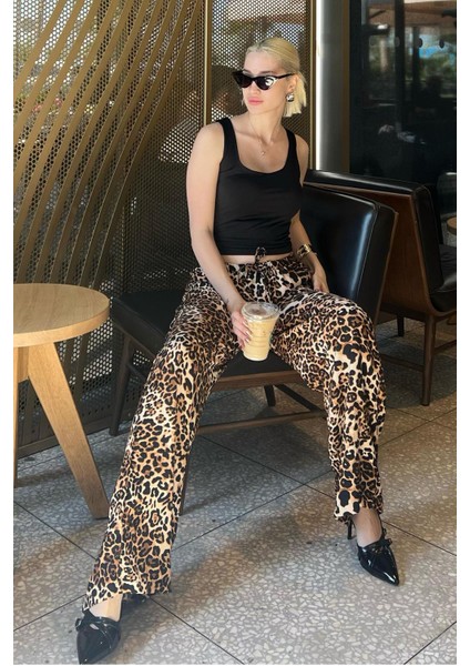 Bej Ayarlanabilir Bel Leopar Desenli Bol Paça Pantolon MG2095 indirimleri