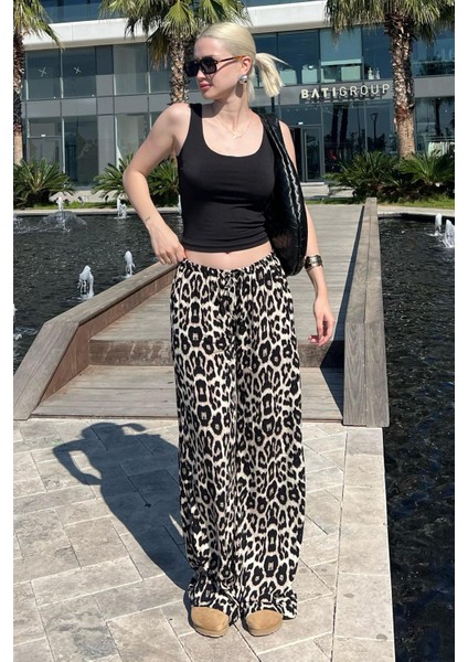 Krem Ayarlanabilir Bel Leopar Desenli Bol Paça Pantolon MG2095