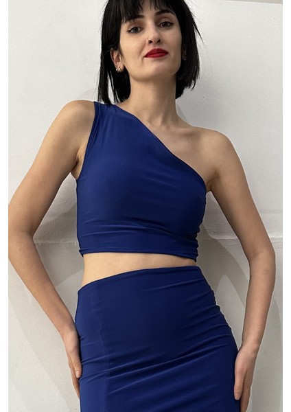 Kadın Tek Omuz Crop Bluz Mavi