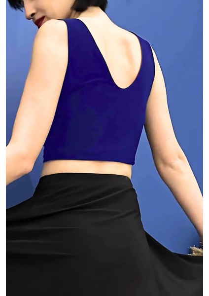 Kadın Sırt Dekolteli Crop Bluz Mavi