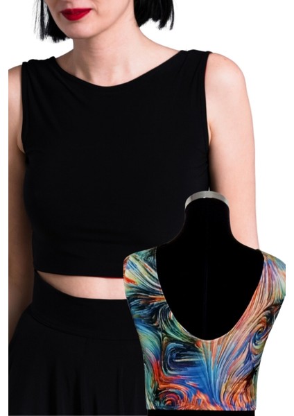 Çift Taraflı Kadın Sırt Dekolteli Desenli Crop Bluz Siyah - Soyut